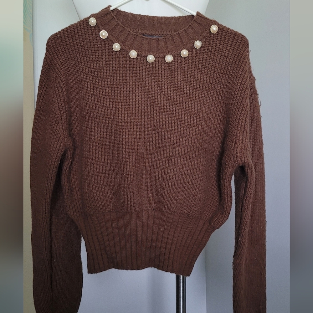 Brown Knit Sweater with Pearl Accents